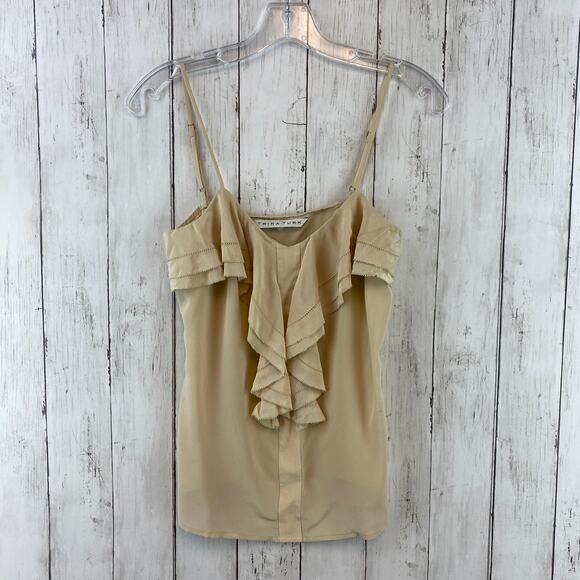 Trina Turk Beige Crepe Silk Ruffled Front Semi-Sheer Tank Top Cami Size X-Small - Picture 1 of 10